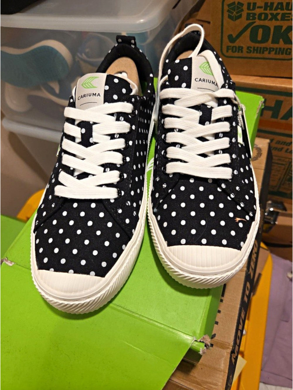 Cariuma OCA Low womens Low Top Lace Up Sneakers Black White Polka Dot